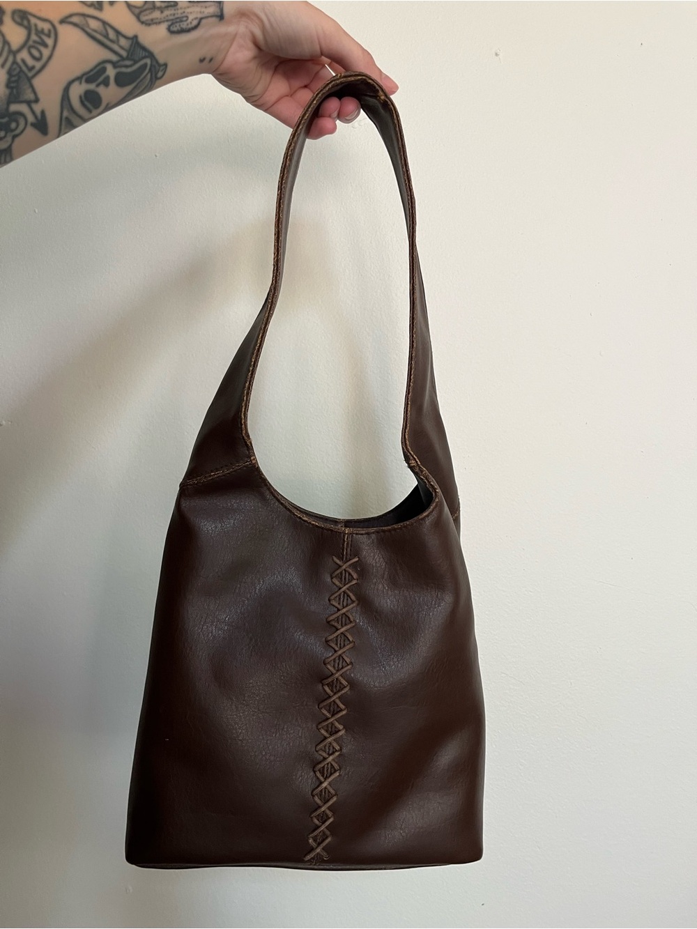 Y2K R Clothing Co Rampage Purse | Hobo Bag | Brown Faux Leather + Stitching ***